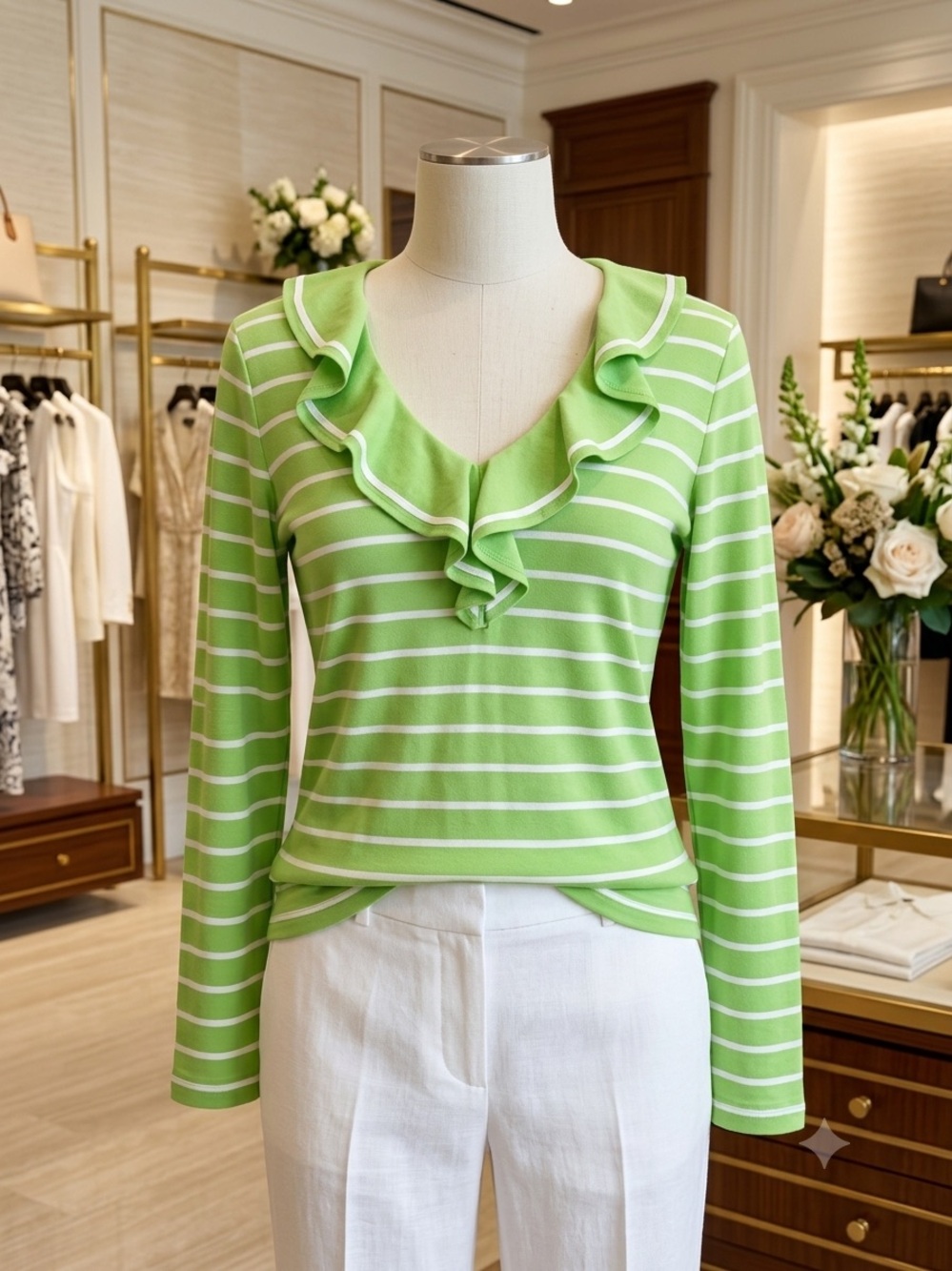 Lauren Ralph Lauren Green White Striped Ruffle V-Neck Long Sleeve Top
